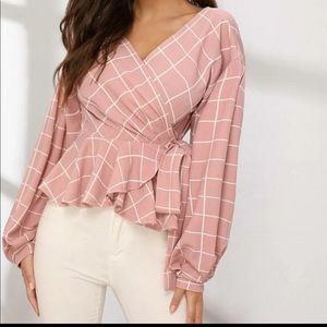 Lantern sleeve wrap belt peplum grid